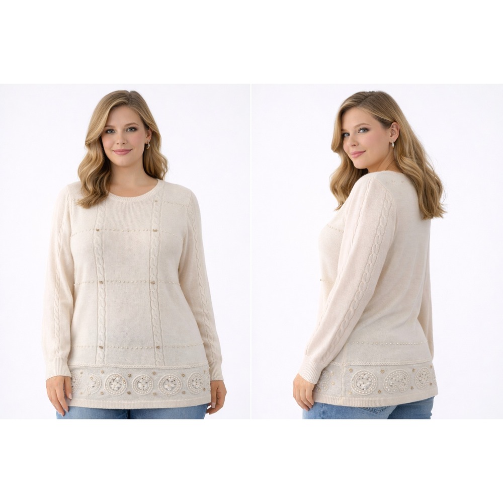 Essential Elements Womens‎ Sweater Medium Cream Lambswool Beaded Classic